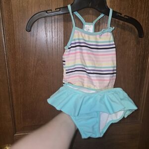 Carter's Teal & Striped Girls 2 Piece Swimsuit Set - 3T - Fair Condition